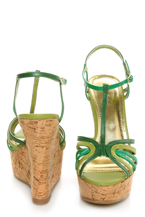 Bamboo Smooch 21 Green Multi T-Strap Platform Wedges