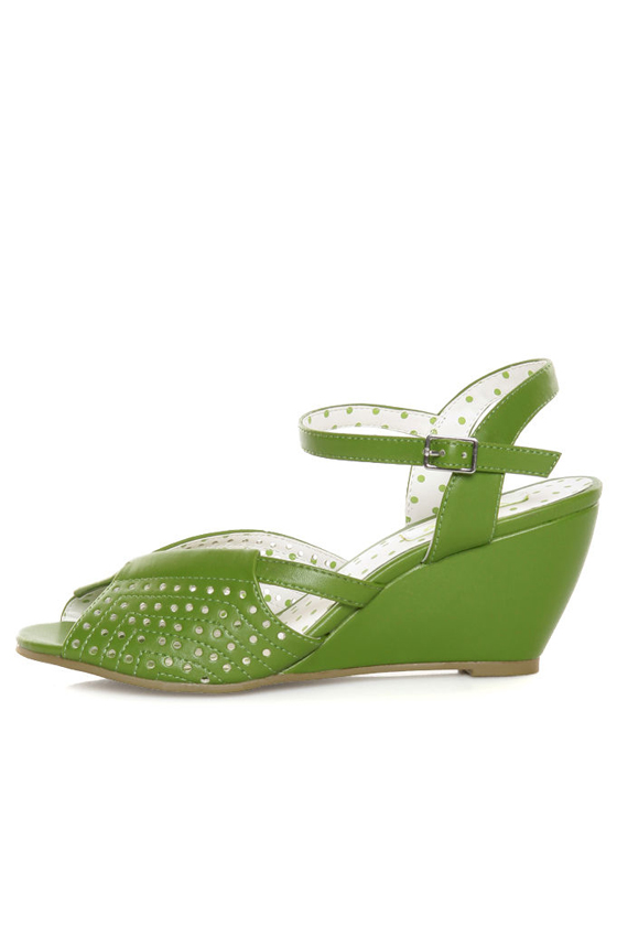 B.A.I.T. Dennise Celery Green Perforated Wedge Sandals