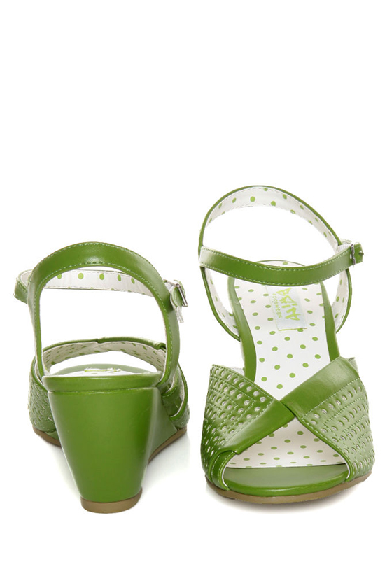 B.A.I.T. Dennise Celery Green Perforated Wedge Sandals