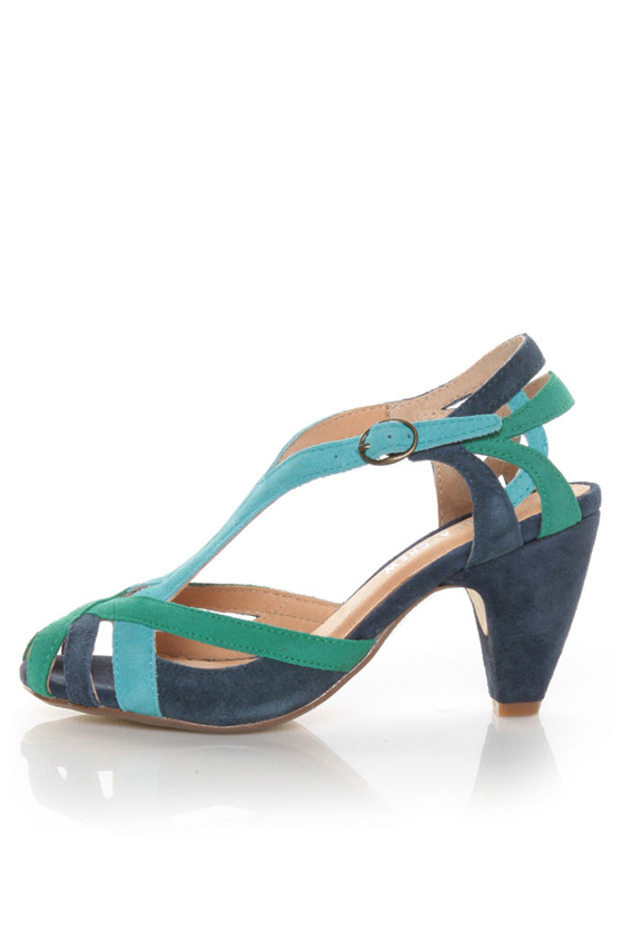 Chelsea Crew Caymen Green Multi Double T Strap Peep Toe Heels