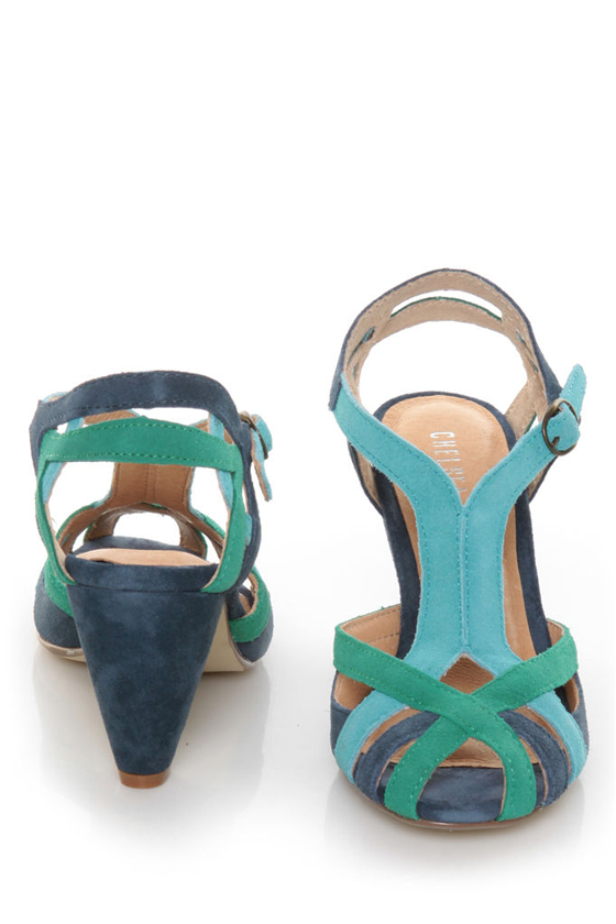 Chelsea Crew Caymen Green Multi Double T Strap Peep Toe Heels