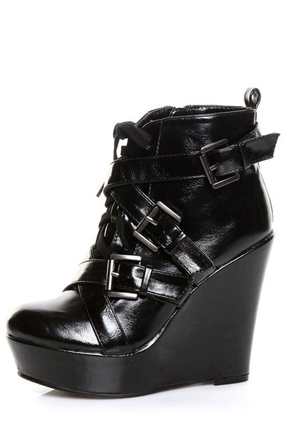 C Label Alley 3 Black Patent Belted Lace-Up Wedge Booties - $44.00