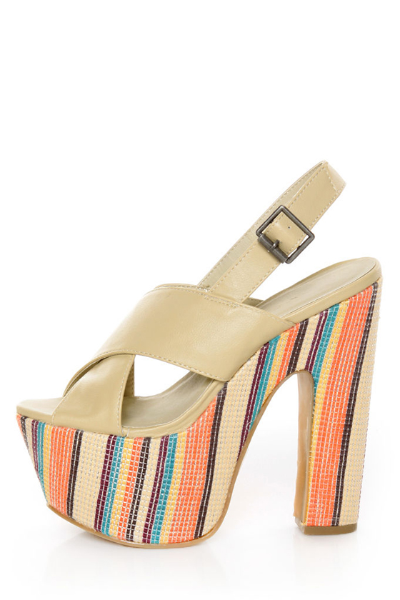 C Label Christian 2 Beige Woven Stripe Platform Sandals