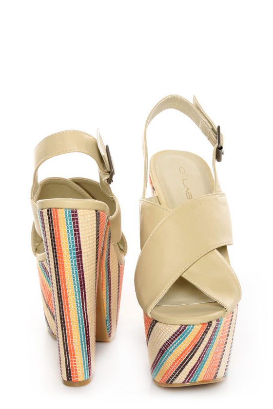 C Label Christian 2 Beige Woven Stripe Platform Sandals