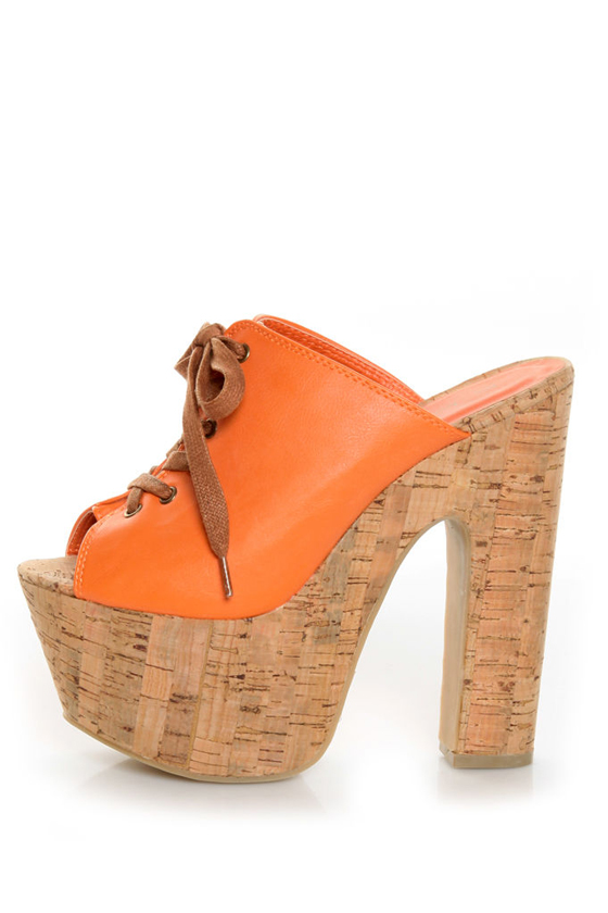 C Label Christian 3 Orange Lace-Up Peep Toe Slide Platforms