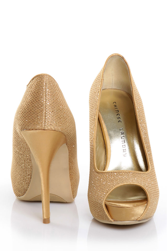 Chinese Laundry Hey There Honey Glitter Gold Peep Toe Pumps