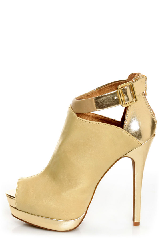 C Label Jocelyn 54 Natural and Gold Peep Toe Platform Booties