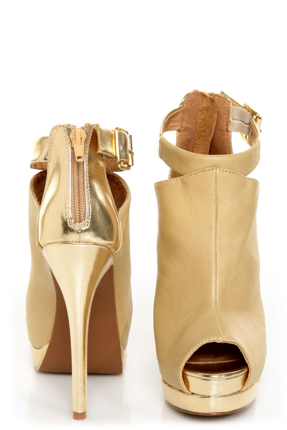 C Label Jocelyn 54 Natural and Gold Peep Toe Platform Booties