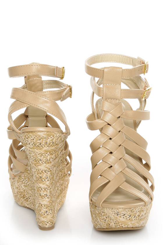 C Label Nancy 5 Beige Strappy Espadrille Wedge Sandals