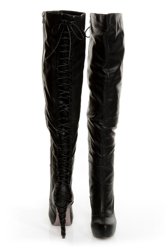 C Label Peyton 8A Black Back-Laced High Heel OTK Boots