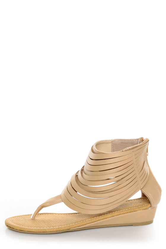 C Label Solara 9 Beige Strappy Ankle Cuff Thong Sandals