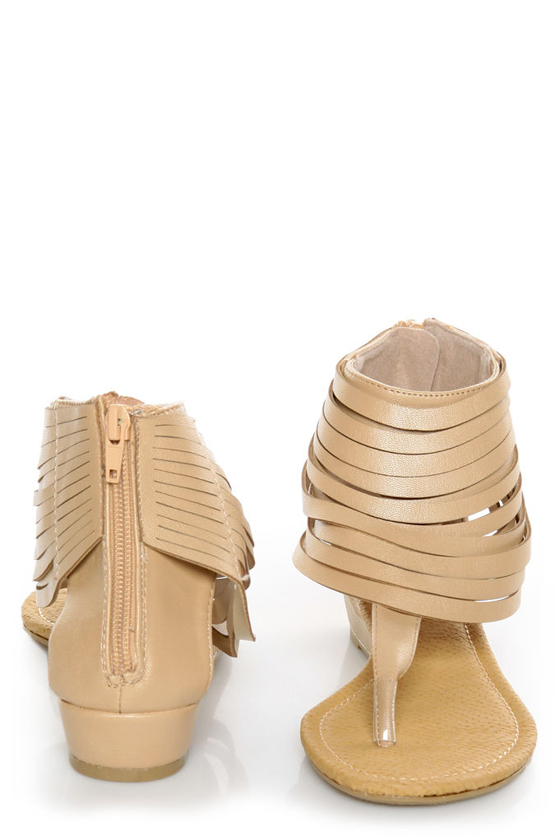 C Label Solara 9 Beige Strappy Ankle Cuff Thong Sandals