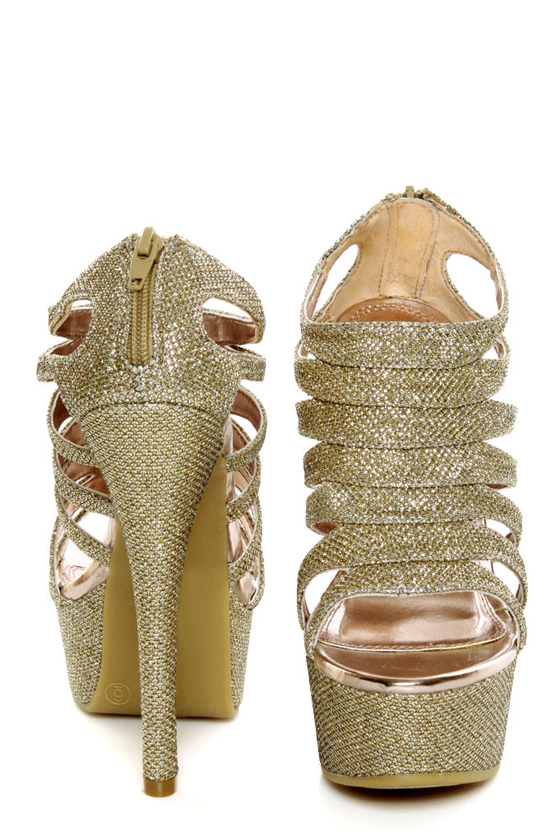 Chinese Laundry Tea Party Glitter Gold Cage Platform Pumps