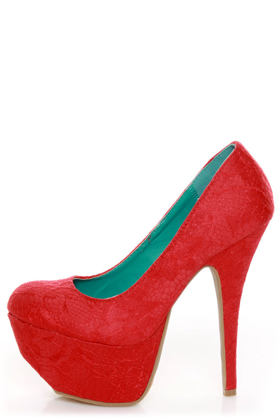 Dollhouse Allure Red Lace Platform Pumps