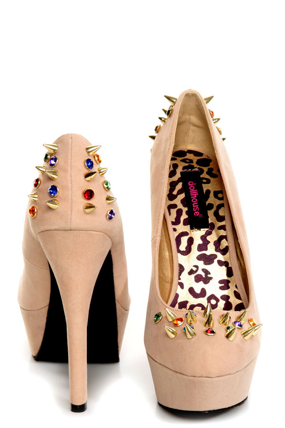 Dollhouse Gemini Nude Bejeweled and Spiked Platform Heels