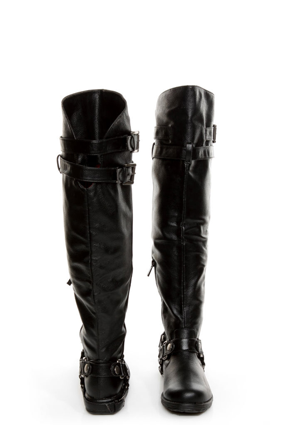 Dollhouse Hit Black Biker Babe Belted OTK Motorcycle Boots