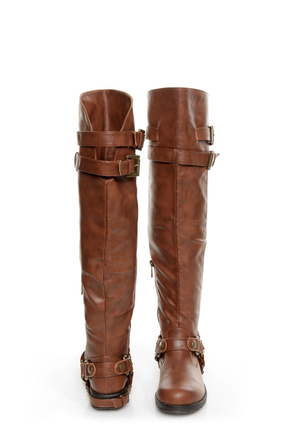 Dollhouse Hit Chestnut Biker Babe Belted OTK Motorcycle Boots