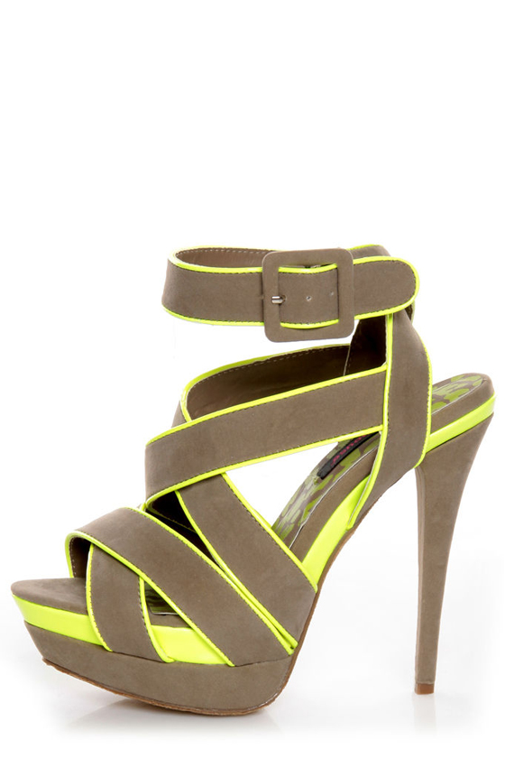 Dollhouse Muse Taupe Suede Neon Yellow Platform Heels