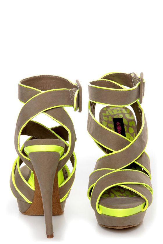 Dollhouse Muse Taupe Suede Neon Yellow Platform Heels