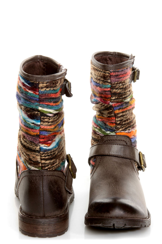 Dollhouse Yarn Brown Multi Yarn-Striped Ankle Boots