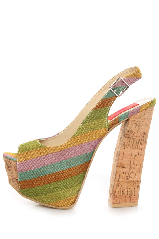 Fahrenheit Anne 22 Green Canvas Striped Platform Sandals