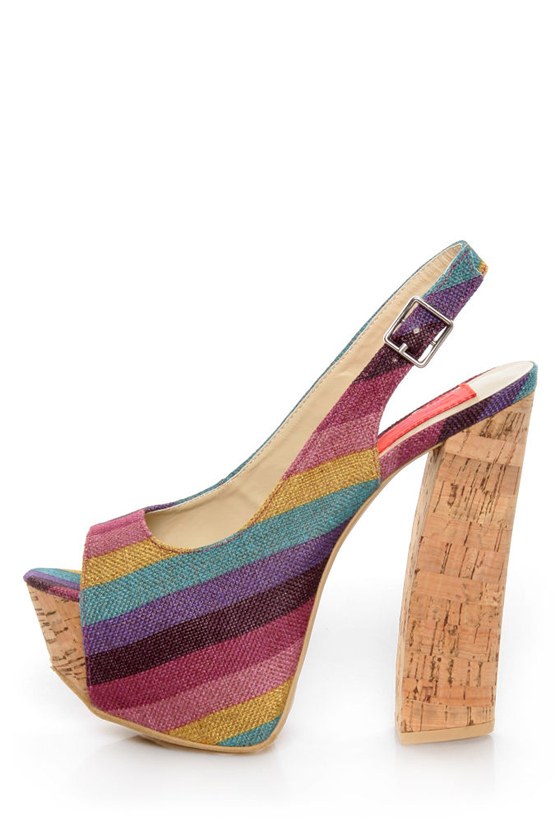 Fahrenheit Anne 22 Purple Canvas Striped Platform Sandals
