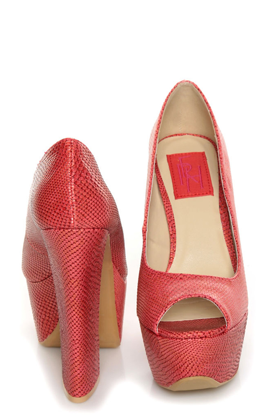 Fahrenheit Anne 24 Red Coral Snakeskin Peep Toe Platform Heels