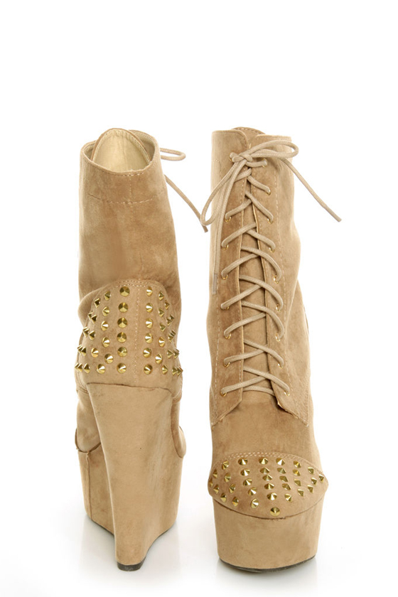 Fahrenheit Kristen 03 Taupe Studded Lace-Up Platform Booties