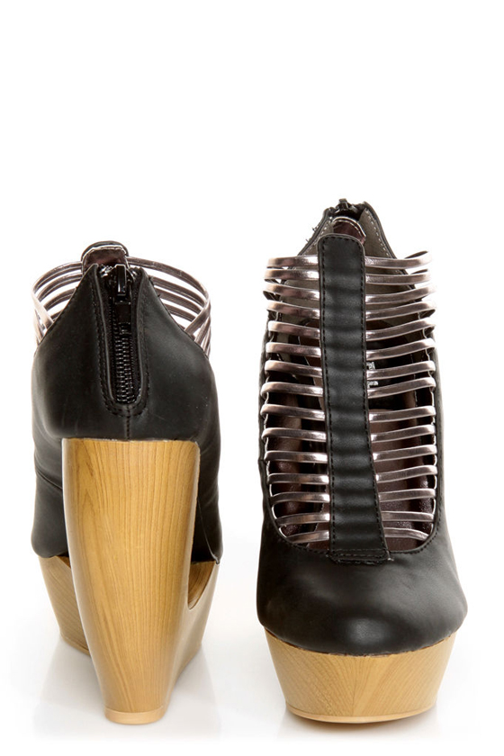 Fahrenheit Lolita 05 Black & Bronze Strappy Cutout Wedge Booties