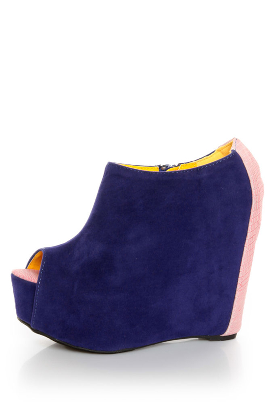 Fahrenheit Mica 01A Blue Velvet Peep Toe Shootie Wedges