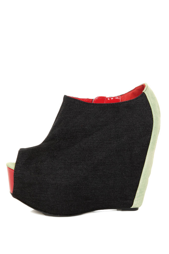 Fahrenheit Mica 01 Black Canvas Peep Toe Shootie Wedges