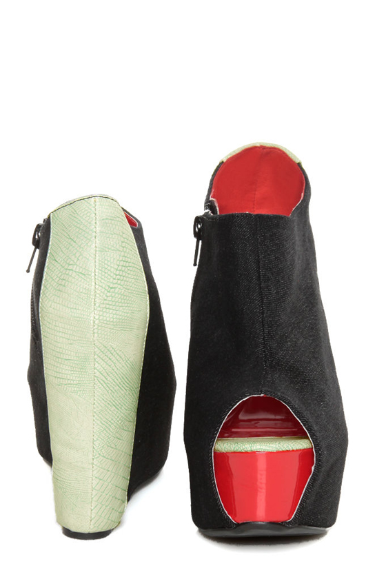 Fahrenheit Mica 01 Black Canvas Peep Toe Shootie Wedges