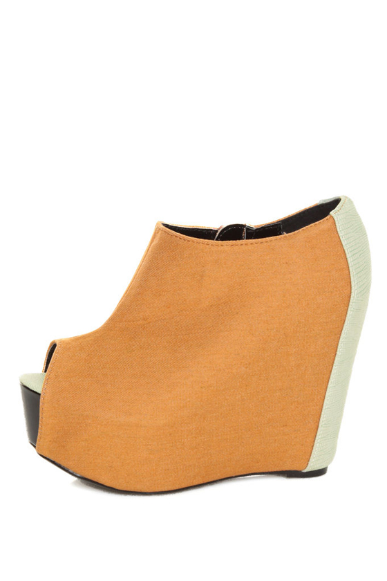 Fahrenheit Mica 01 Yellow-Orange Canvas Peep Toe Shootie Wedges