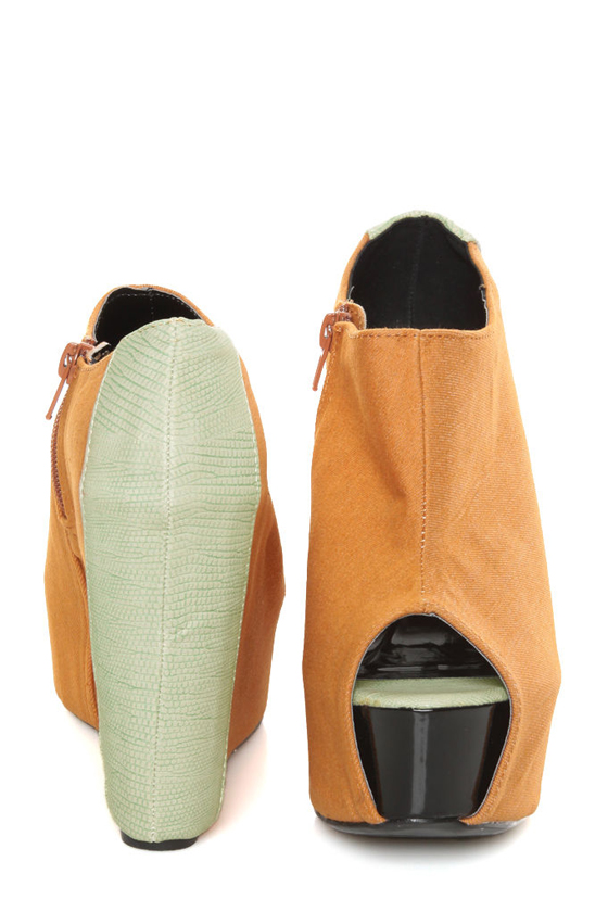 Fahrenheit Mica 01 Yellow-Orange Canvas Peep Toe Shootie Wedges
