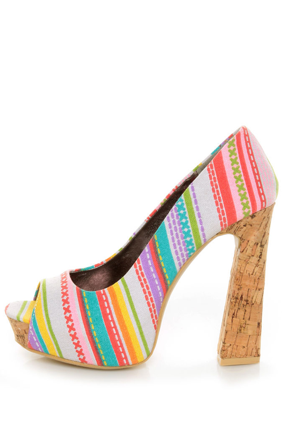 Fahrenheit Minka 06 Fuchsia Canvas Multi Print Peep Toe Heels