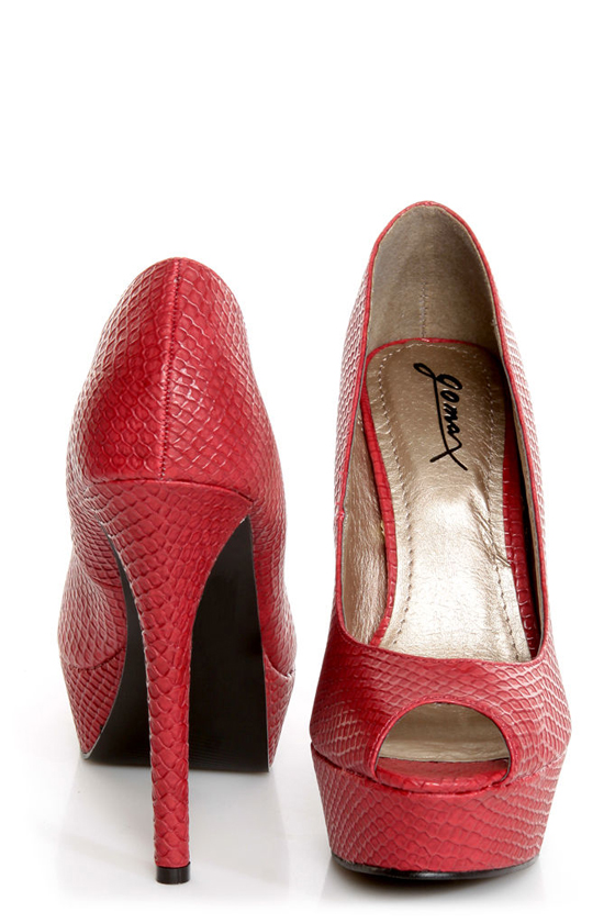GoMax Eye Catcher 01 Red Snake Peep Toe Platform Pumps
