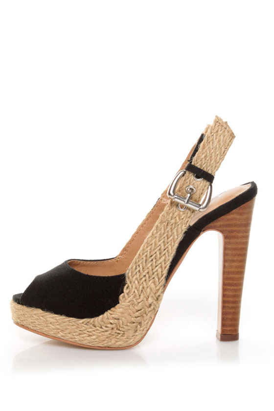 GoMax Lacy 48 Black Espadrille Slingback Peep Toe Heels