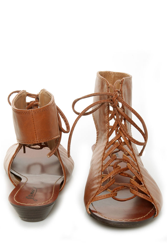 GoMax Sweet Dreams 13 Cognac Lace-Up Ankle Cuff Sandals