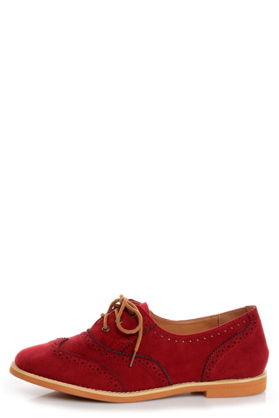 Lisa 1 Red Velvet Brogue Lace-Up Oxford Flats - $25.00 - Lulus