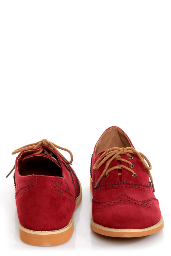 Lisa 1 Red Velvet Brogue Lace-Up Oxford Flats