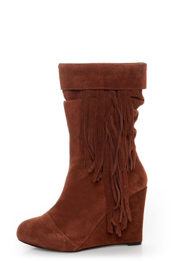Kelsi Dagger Carousel Nutmeg Suede Fringe Cuffed Wedge Boots