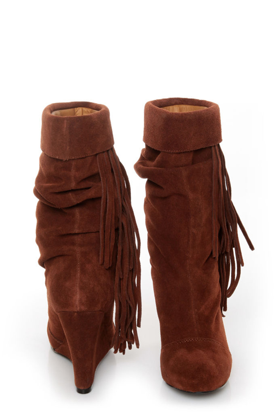 Kelsi Dagger Carousel Nutmeg Suede Fringe Cuffed Wedge Boots