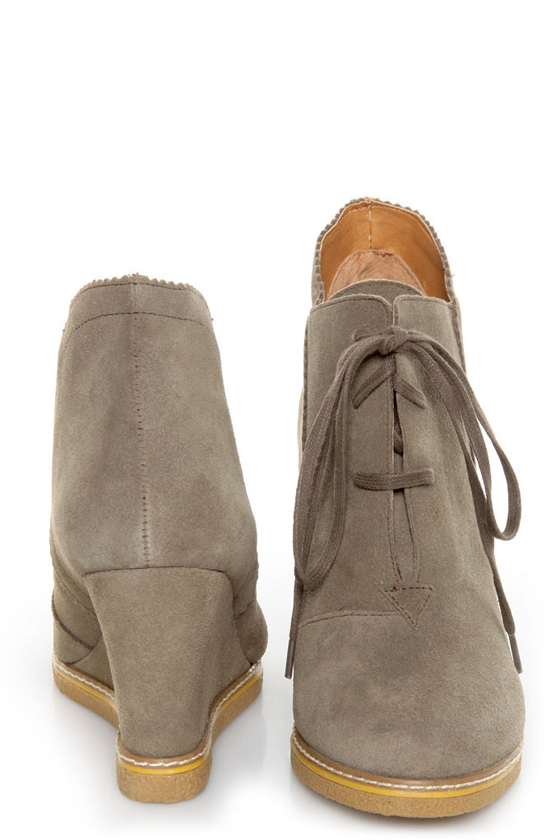 Kelsi Dagger Helix Taupe Suede Lace-Up Wedge Booties