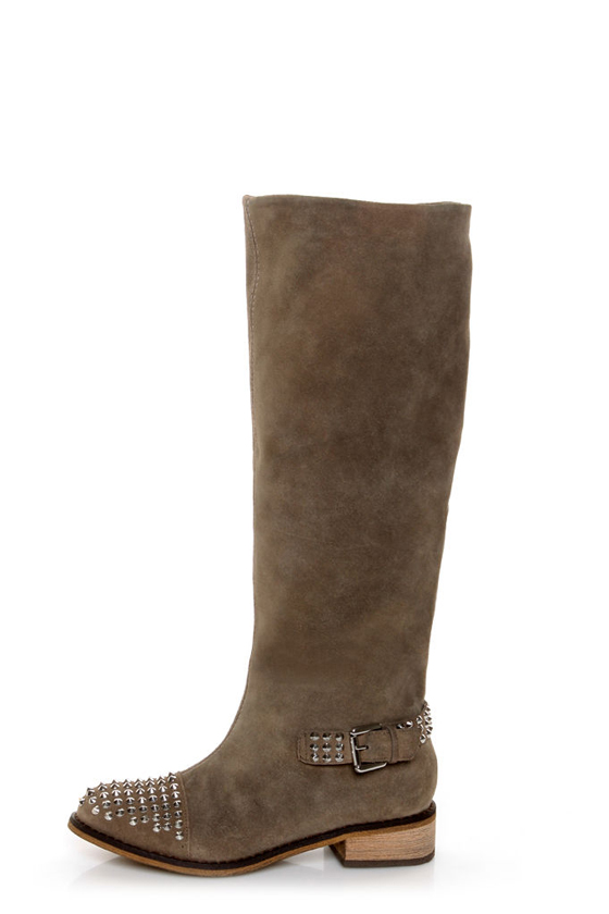 Kelsi Dagger Rover Taupe Suede Studded Cap-Toe Knee High Boots