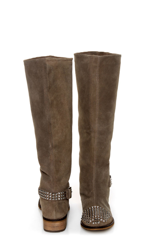Kelsi Dagger Rover Taupe Suede Studded Cap-Toe Knee High Boots