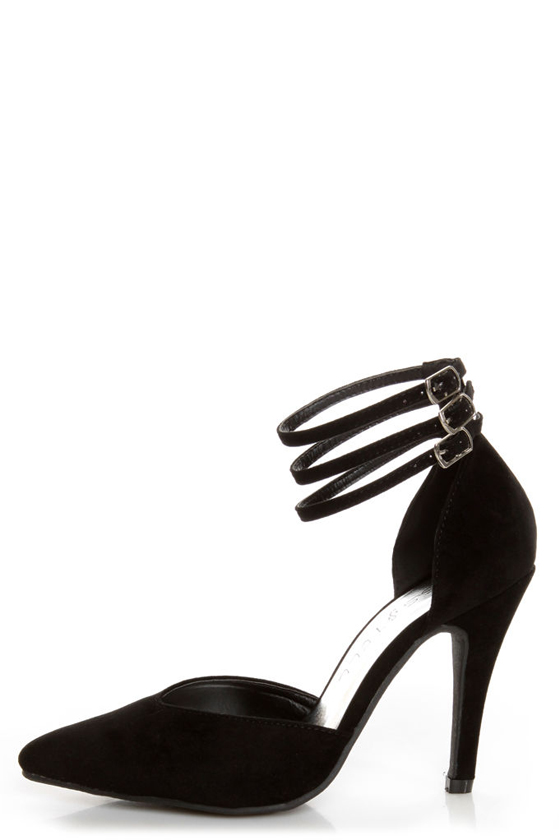 Bliss 15 Black Triple Strap Pointed Heels