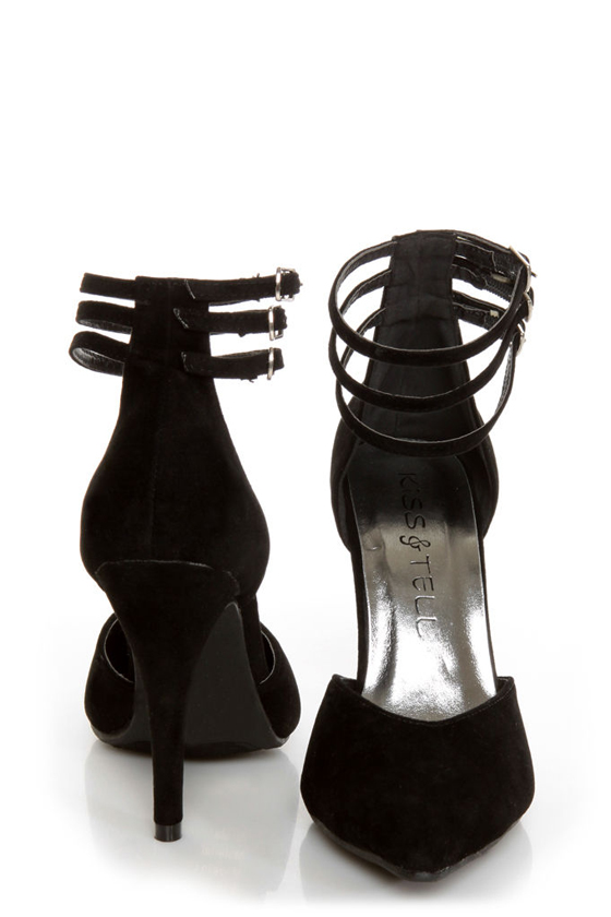 Bliss 15 Black Triple Strap Pointed Heels