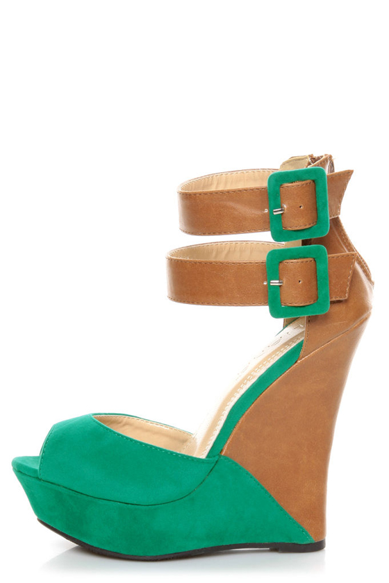 Monaco Sea Green and Tan Belted Color Block Wedges - $39.00 - Lulus