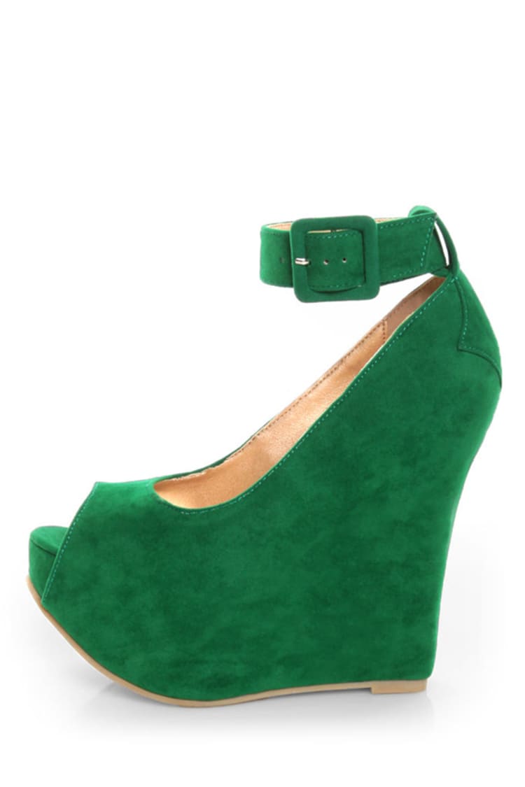 Luichiny Roll Call Green Peep Toe Super Platform Wedges