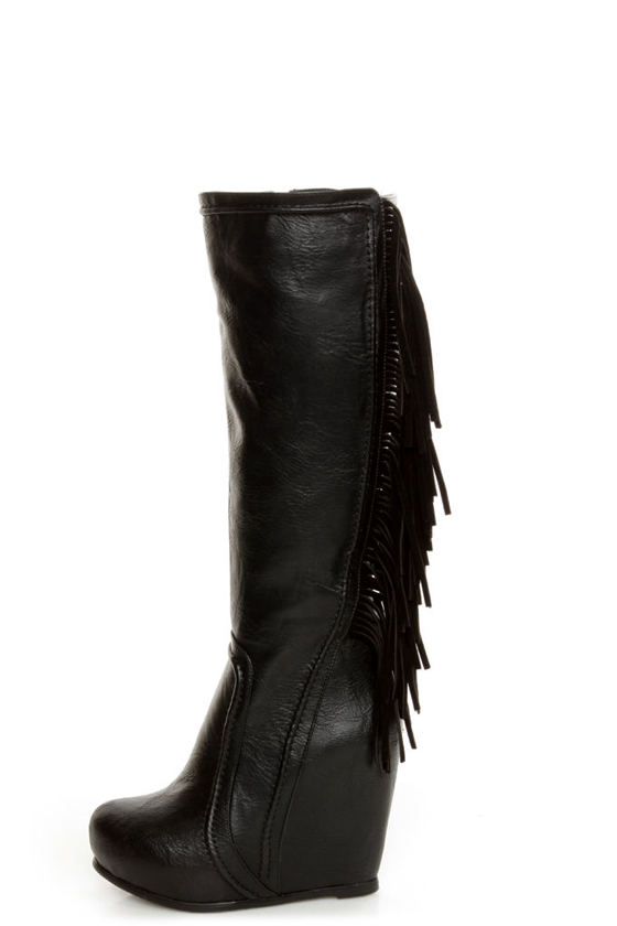 Luichiny Top That Black Fringe Wedge Boots